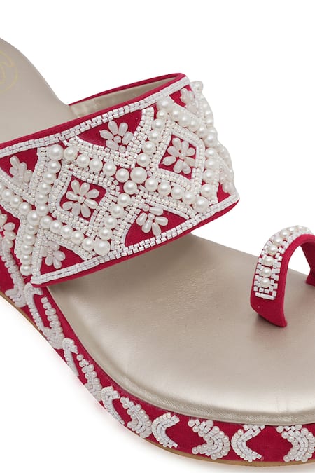 Shop_NR By Nidhi Rathi_Magenta Pearls, Beads Embellished One-toe Wedge Heels 