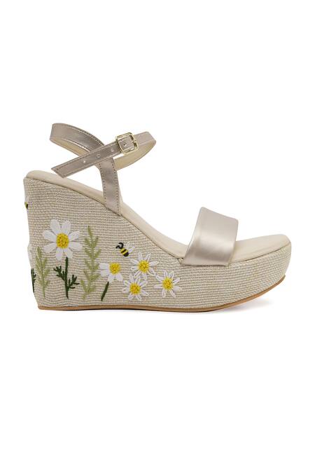 Shop_NR By Nidhi Rathi_Gold Embroidery Floral Jute Wedge Heels_Online_at_Aza_Fashions