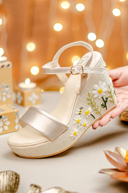 NR By Nidhi Rathi Gold Embroidery Floral Jute Wedge Heels 