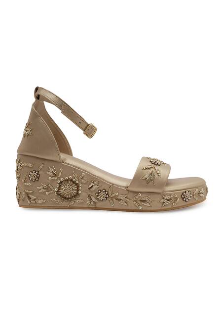 NR By Nidhi Rathi_Gold Embroidery, Sequins Synthetic Patent Wedge Heels_Online_at_Aza_Fashions