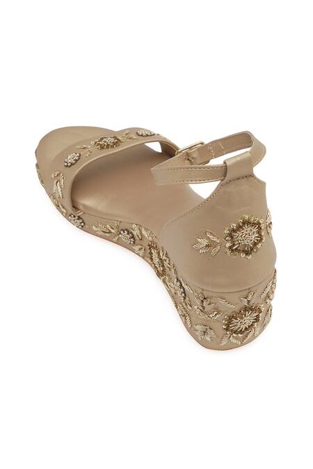 Buy_NR By Nidhi Rathi_Gold Embroidery, Sequins Synthetic Patent Wedge Heels_Online_at_Aza_Fashions