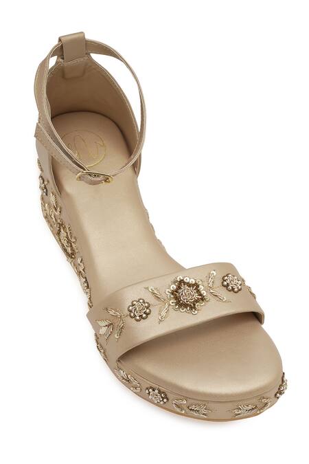 Shop_NR By Nidhi Rathi_Gold Embroidery, Sequins Synthetic Patent Wedge Heels_Online_at_Aza_Fashions