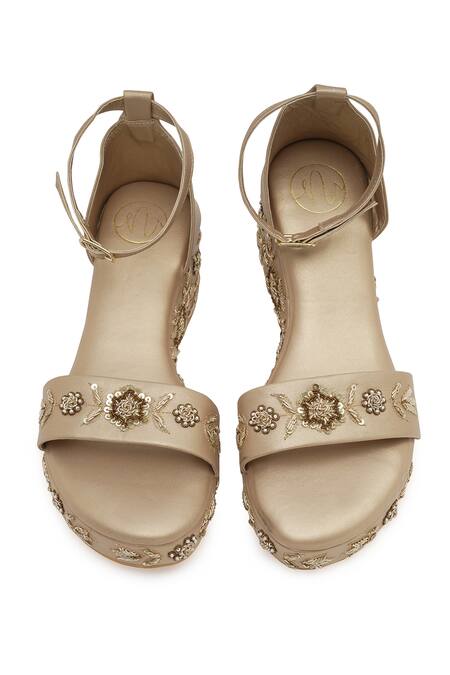 NR By Nidhi Rathi_Gold Embroidery, Sequins Synthetic Patent Wedge Heels_at_Aza_Fashions