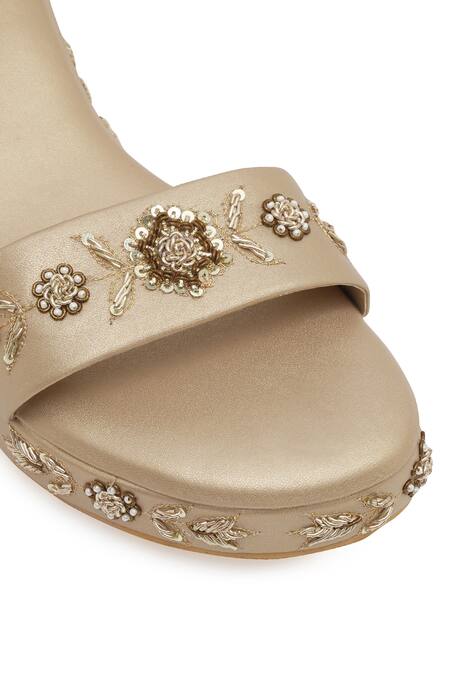 Buy NR By Nidhi Rathi Gold Embroidery, Sequins Synthetic Patent Wedge Heels Buy_NR By Nidhi Rathi_Gold Embroidery, Sequins Synthetic Patent Wedge Heels