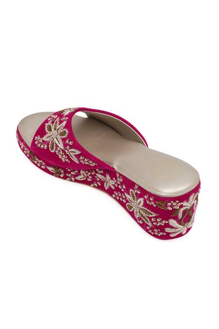 Buy_NR By Nidhi Rathi_Magenta Embroidery Velvet Golden Wedge Sandals_Online_at_Aza_Fashions