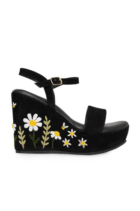 NR By Nidhi Rathi_Black Embroidery Velvet Floral Wedge Heels_Online_at_Aza_Fashions