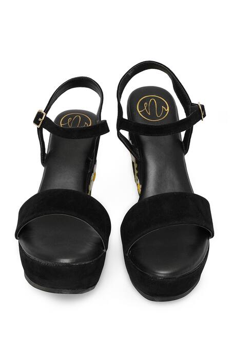 Buy_NR By Nidhi Rathi_Black Embroidery Velvet Floral Wedge Heels_Online_at_Aza_Fashions