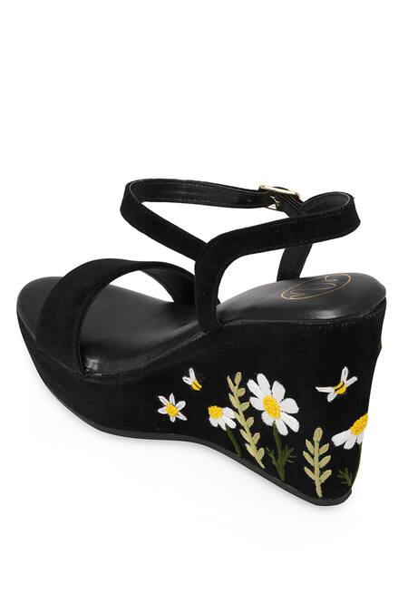 Shop_NR By Nidhi Rathi_Black Embroidery Velvet Floral Wedge Heels_Online_at_Aza_Fashions