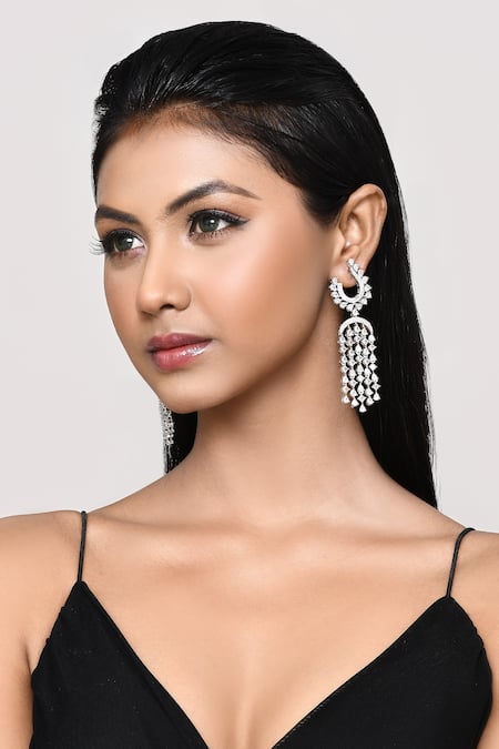 Our Purple Studio White Crystals, Faux Diamonds Stone Embellished Chandbali Drop Earrings 
