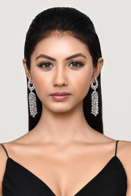 Shop_Our Purple Studio_White Crystals, Faux Diamonds Stone Embellished Chandbali Drop Earrings _Online_at_Aza_Fashions