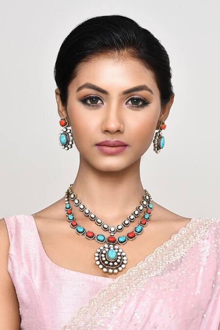Our Purple Studio_Blue Stones And Pearl Embellished Layered Necklace Set _Online_at_Aza_Fashions