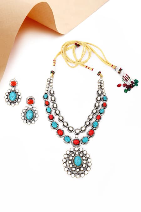Our Purple Studio Stone & Pearl Embellished Layered Necklace Set 