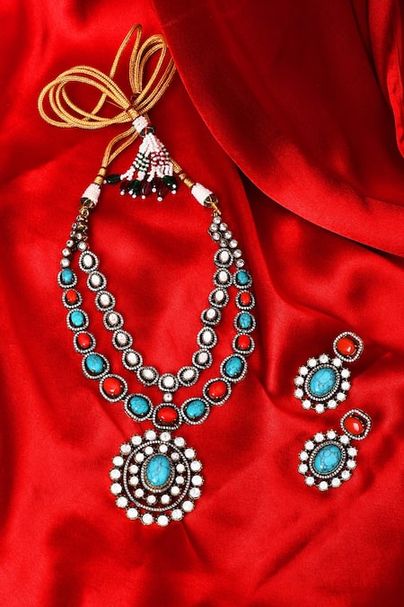 Buy_Our Purple Studio_Blue Stones And Pearl Embellished Layered Necklace Set _Online_at_Aza_Fashions