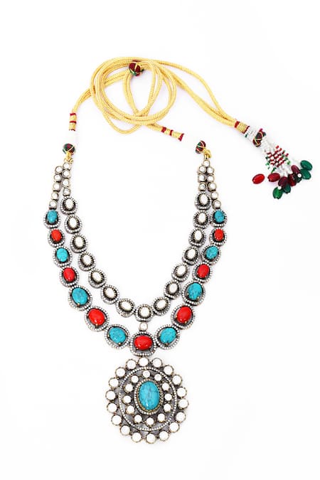 Shop_Our Purple Studio_Blue Stones And Pearl Embellished Layered Necklace Set _Online_at_Aza_Fashions