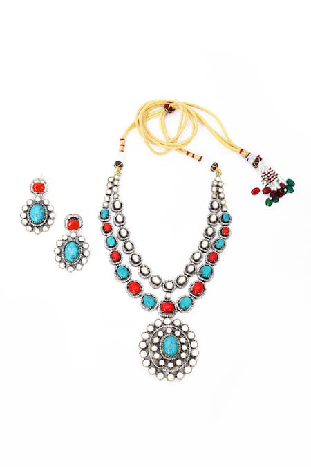 Buy_Our Purple Studio_Blue Stones And Pearl Embellished Layered Necklace Set 