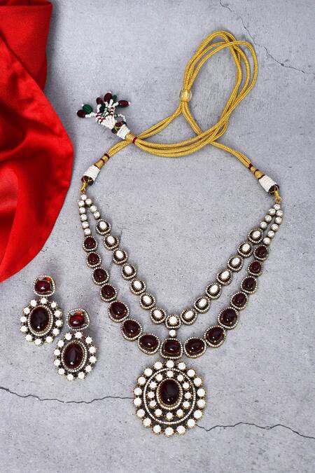 Our Purple Studio_Maroon Stones, Pearls Studded Two-layered Necklace And Earring Set _Online_at_Aza_Fashions