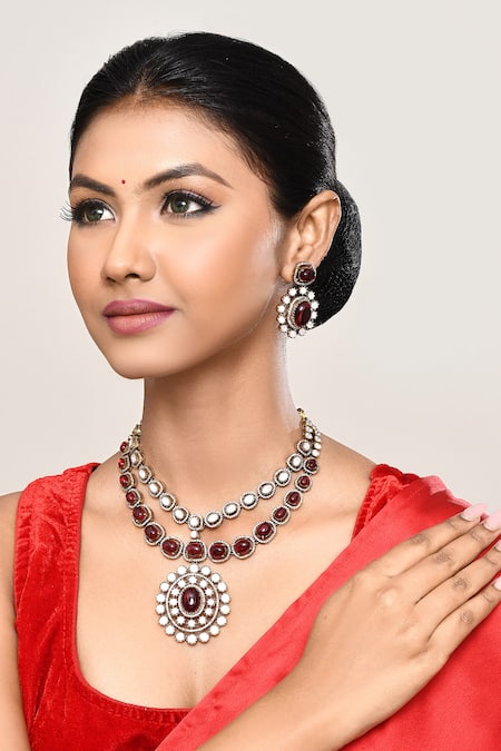 Our Purple Studio Maroon Stones, Pearls Studded Two-layered Necklace And Earring Set 