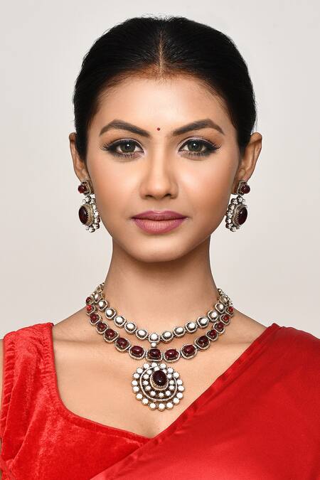 Buy_Our Purple Studio_Maroon Stones, Pearls Studded Two-layered Necklace And Earring Set _Online_at_Aza_Fashions