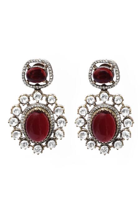 Shop_Our Purple Studio_Maroon Stones, Pearls Studded Two-layered Necklace And Earring Set _Online_at_Aza_Fashions