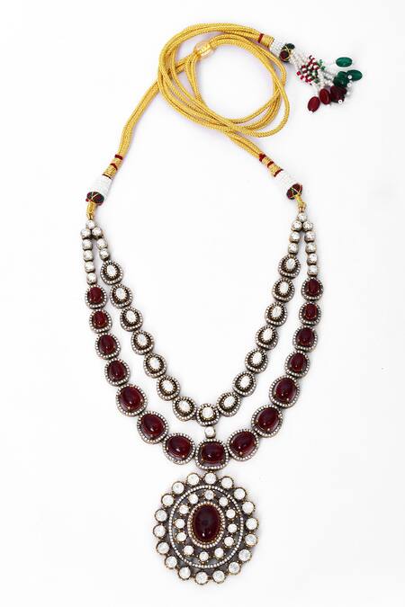 Our Purple Studio_Maroon Stones, Pearls Studded Two-layered Necklace And Earring Set _at_Aza_Fashions