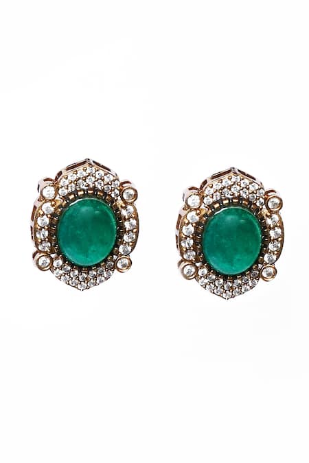 Our Purple Studio_Green Stones, Faux Diamonds Beaded Embellished Choker Necklace And Earrings _Online_at_Aza_Fashions