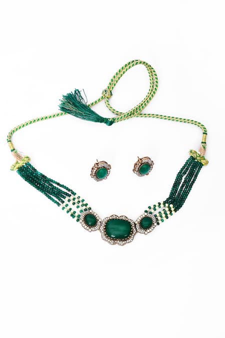 Buy_Our Purple Studio_Green Stones, Faux Diamonds Beaded Embellished Choker Necklace And Earrings _Online_at_Aza_Fashions