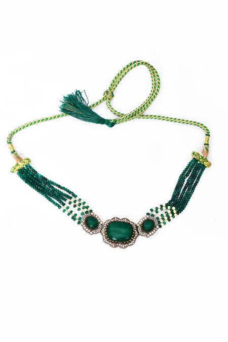Shop_Our Purple Studio_Green Stones, Faux Diamonds Beaded Embellished Choker Necklace And Earrings _Online_at_Aza_Fashions