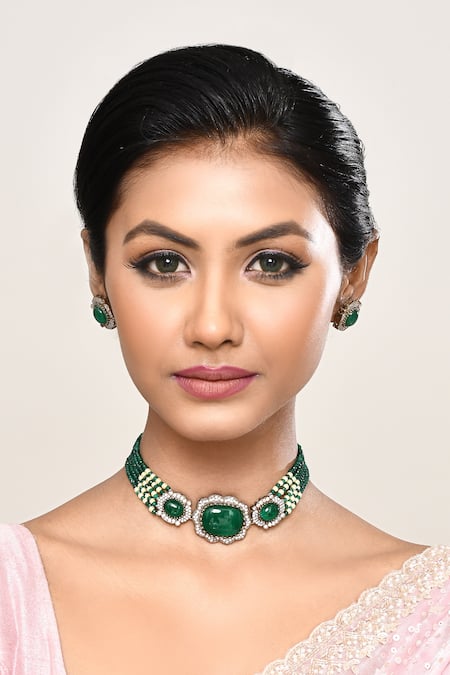 Our Purple Studio_Green Stones, Faux Diamonds Beaded Embellished Choker Necklace And Earrings _at_Aza_Fashions