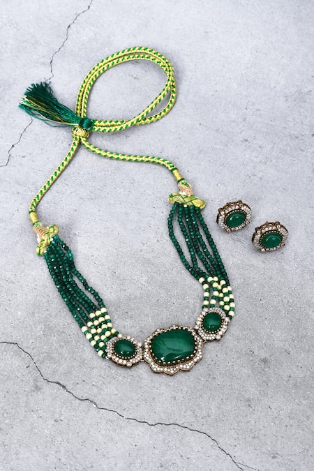 Our Purple Studio Beaded Stone Embellished Choker Necklace & Earrings 