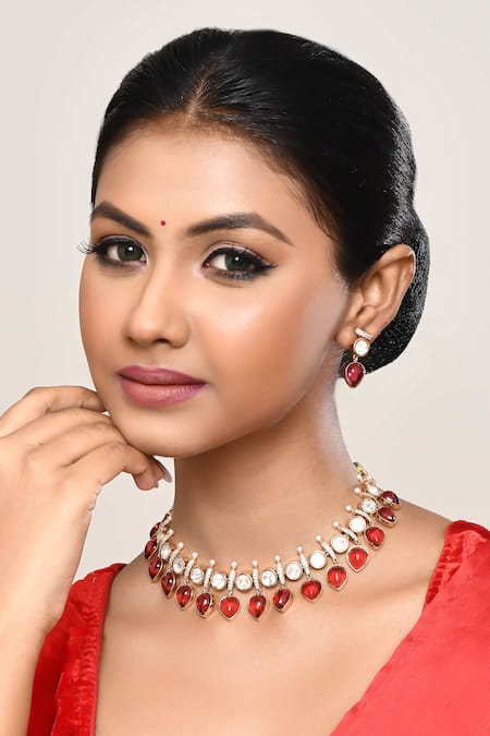 Our Purple Studio Gold Plated Stones Kundan And Red Embellished Necklace Set 