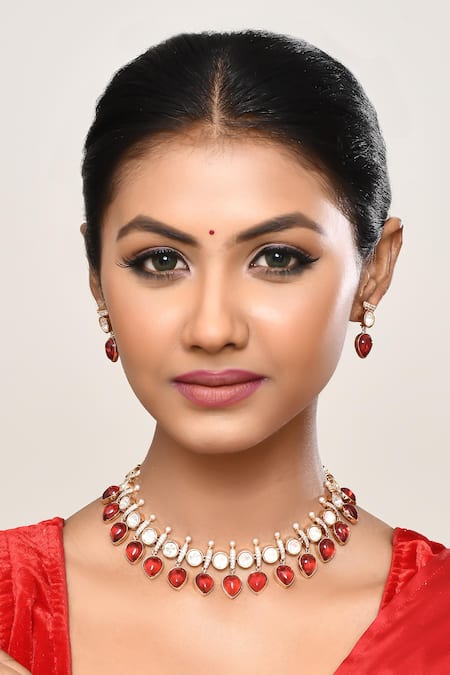 Buy_Our Purple Studio_Gold Plated Stones Kundan And Red Embellished Necklace Set _Online_at_Aza_Fashions