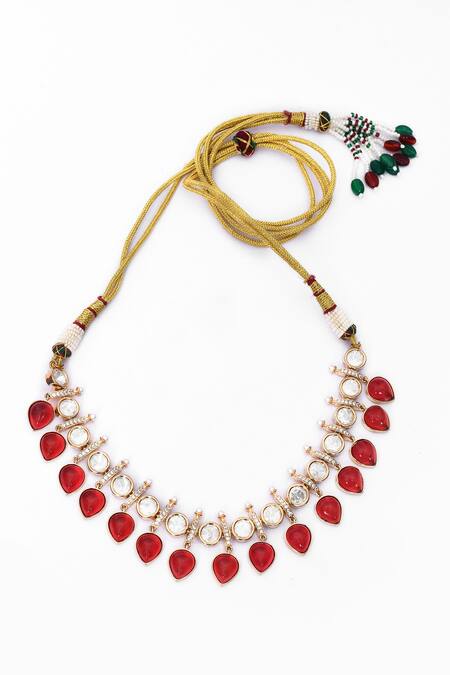 Shop_Our Purple Studio_Gold Plated Stones Kundan And Red Embellished Necklace Set _Online_at_Aza_Fashions