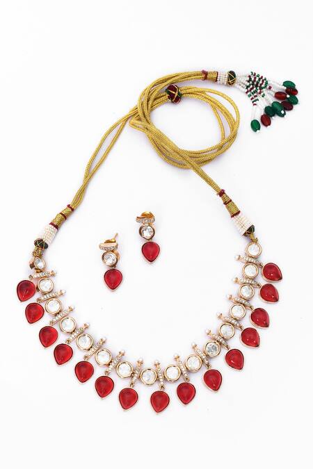 Our Purple Studio_Gold Plated Stones Kundan And Red Embellished Necklace Set _at_Aza_Fashions