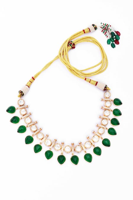 Our Purple Studio_Gold Plated Gemstones, Kundan And Green Necklace Set _Online_at_Aza_Fashions