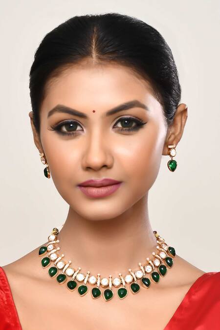 Buy_Our Purple Studio_Gold Plated Gemstones, Kundan And Green Necklace Set _Online_at_Aza_Fashions