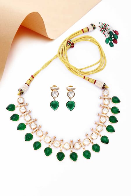 Buy Our Purple Studio Gold Plated Gemstones, Kundan And Green Necklace Set Buy_Our Purple Studio_Gold Plated Gemstones, Kundan And Green Necklace Set