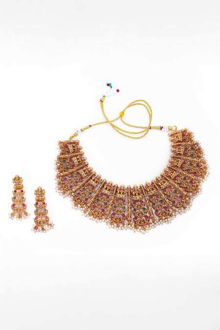 Our Purple Studio_Gold Plated Gemstones, Pearls Temple Motif Stone And Choker Set _Online_at_Aza_Fashions