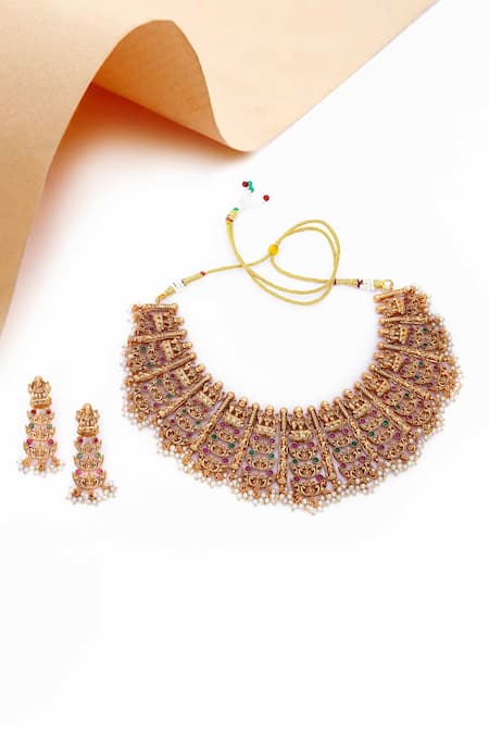 Our Purple Studio Temple Motif Stone & Pearl Choker Set 