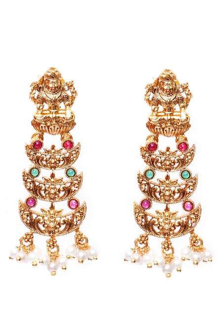 Buy_Our Purple Studio_Gold Plated Gemstones, Pearls Temple Motif Stone And Choker Set _Online_at_Aza_Fashions