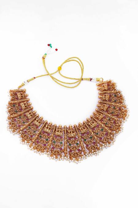 Shop_Our Purple Studio_Gold Plated Gemstones, Pearls Temple Motif Stone And Choker Set _Online_at_Aza_Fashions