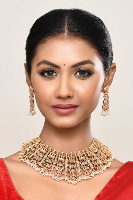 Our Purple Studio_Gold Plated Gemstones, Pearls Temple Motif Stone And Choker Set _at_Aza_Fashions