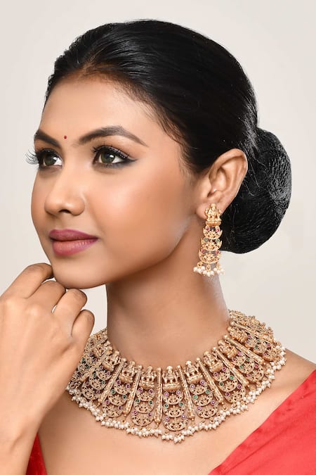 Our Purple Studio Gold Plated Gemstones, Pearls Temple Motif Stone And Choker Set 