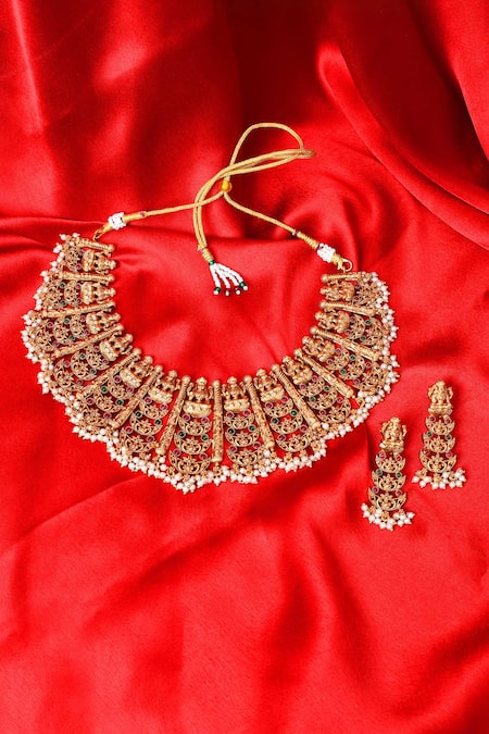 Buy_Our Purple Studio_Gold Plated Gemstones, Pearls Temple Motif Stone And Choker Set 