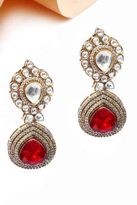 Our Purple Studio Kundan & Red Stone Drop Earrings 