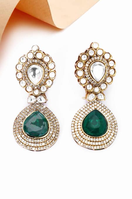 Our Purple Studio Kundan & Green Stone Drop Earrings 