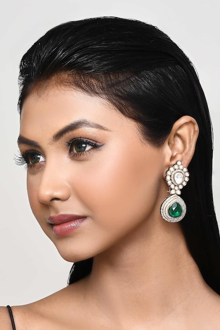 Our Purple Studio Green Stones, Crystals Kundan And Drop Earrings 