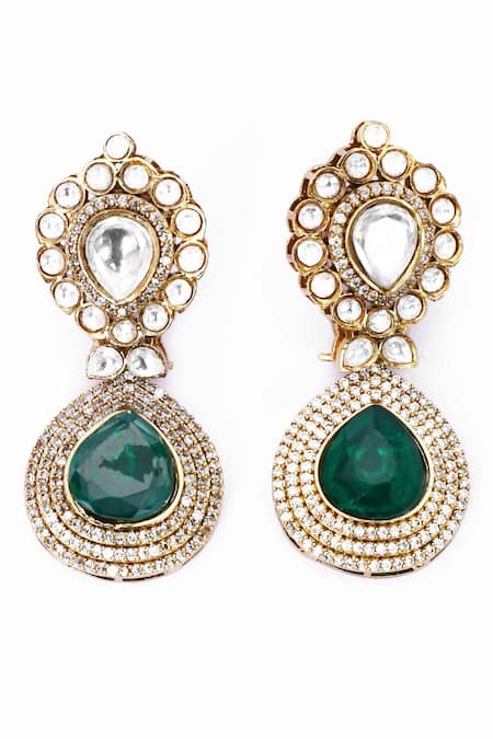 Buy_Our Purple Studio_Green Stones, Crystals Kundan And Drop Earrings _Online_at_Aza_Fashions