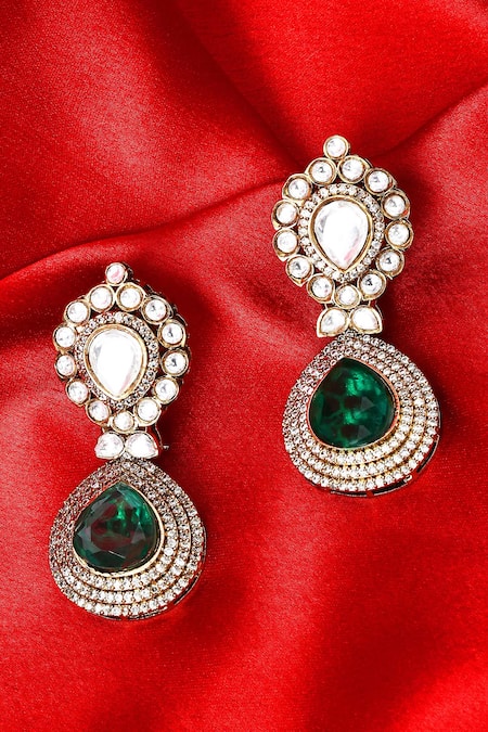 Buy_Our Purple Studio_Green Stones, Crystals Kundan And Drop Earrings 