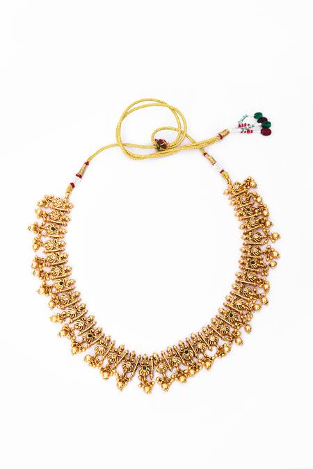 Our Purple Studio_Gold Plated Stones, Beads Temple Design Necklace And Jhumka Earrings Set _Online_at_Aza_Fashions