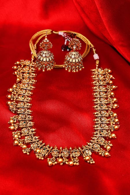 Buy_Our Purple Studio_Gold Plated Stones, Beads Temple Design Necklace And Jhumka Earrings Set _Online_at_Aza_Fashions
